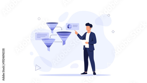 Businessman pointing at sales funnel diagram with analytics and data