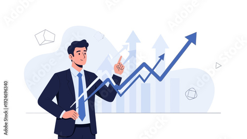 Businessman pointing at upward trending graph representing financial growth and success