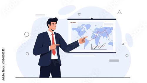 Businessman pointing at world map presentation, global strategy, business analytics
