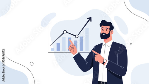 Businessman points at rising financial graph, representing business growth and success