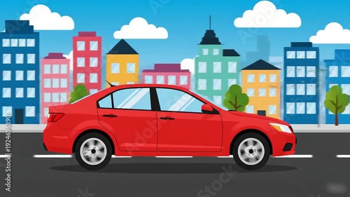Red Sedan Car Driving City Street Urban Transportation Scene.