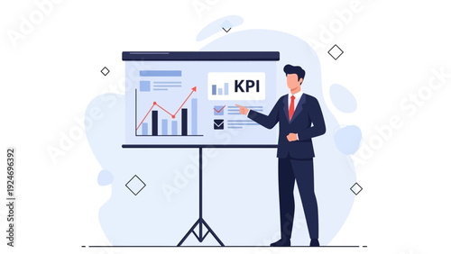 Businessman points to KPI chart on presentation screen, business growth concept
