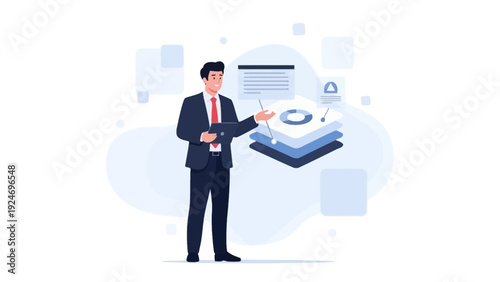 Businessman presenting data analytics and strategy with digital tablet and charts