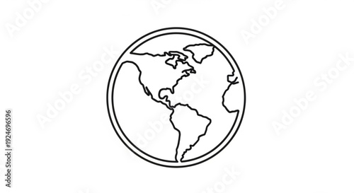 Simple black and white illustration of a globe focusing on north and south america with a minimalist line art style on a white background