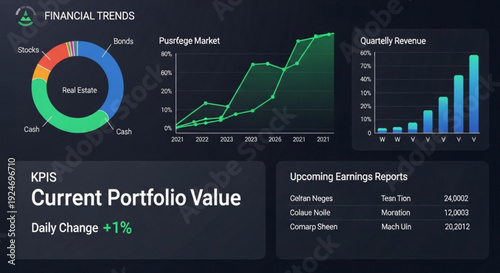 Financial trends dashboard with pie chart line graph bar chart and portfolio value metrics on a dark background