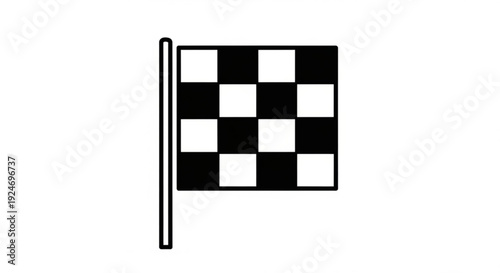 Checkered flag waving on a pole symbolizing racing and victory in a simple black and white design