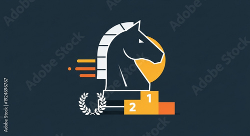 Chess knight head on podium with laurel wreath and speed lines symbolizing victory and strategy in a dark background