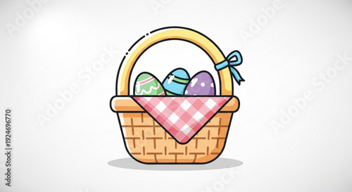 Colorful easter eggs in a woven basket with pink gingham lining on white background