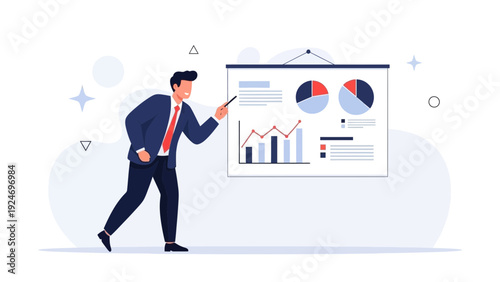 Businessman presenting financial charts and graphs on a whiteboard, business analysis