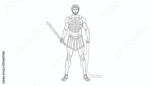 Roman Gladiator Warrior with Sword and Whip, Ancient Warrior Illustration