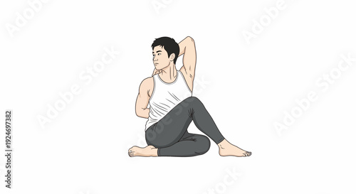 Man practicing seated spinal twist yoga pose, Marichyasana III, on white background