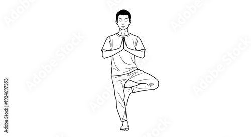 Man practicing yoga tree pose (Vrksasana) on white background, focus and balance