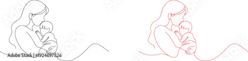 Mother and Son Line Art Vector Illustration for Mother’s Day  Celebration Background. A mom hug the baby one Line Art.