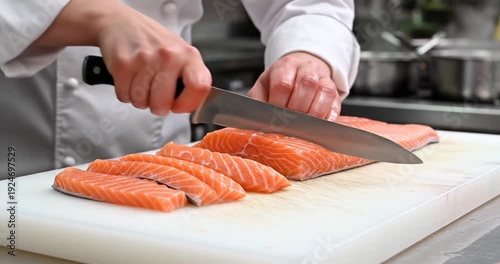 Wallpaper Mural Chef skillfully slicing fresh salmon fillets on a cutting board in a professional kitchen Torontodigital.ca