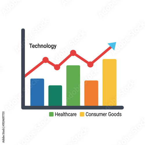Business growth chart with technology healthcare consumer goods trends and upward arrow