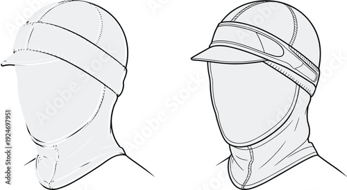 Technical fashion illustration of cold‑weather headwear front views with visors, forehead bands, stitching details, seam lines, protective outdoor gear, and garment construction design elements