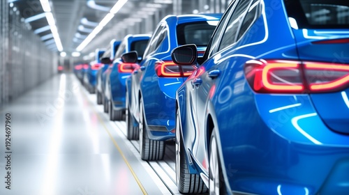 Precision manufacturing: a row of glossy blue cars on a high-tech automotive assembly line in a modern, brightly lit factory, perfect for car industry and industrial automation marketing.