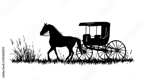 Royal horse carriage front view, decorative canopy, detailed reins and wheels, monochrome woodcut style illustration