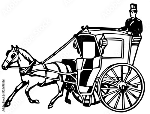 Royal horse carriage front view, decorative canopy, detailed reins and wheels, monochrome woodcut style illustration