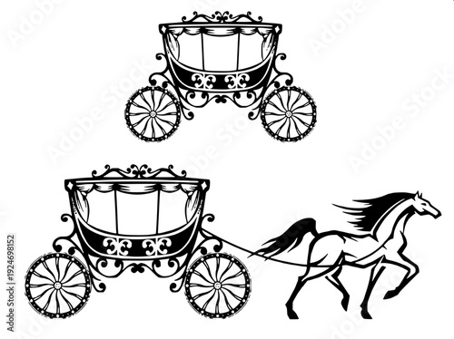 Royal horse carriage front view, decorative canopy, detailed reins and wheels, monochrome woodcut style illustration