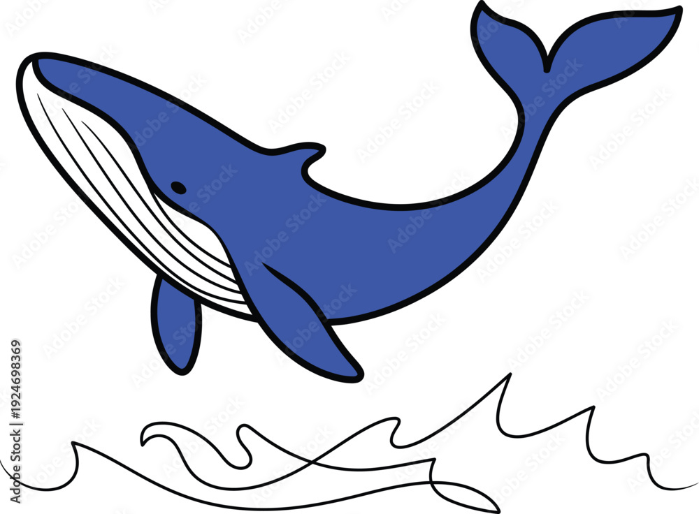 Fototapeta premium Blue whale jumping over stylized waves ocean water