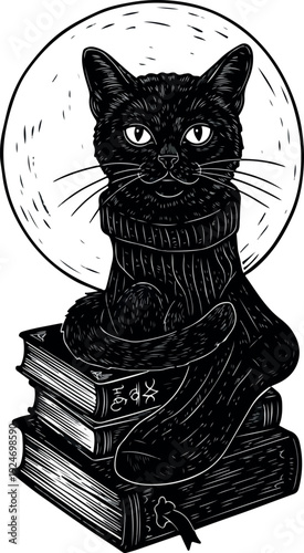 Black Cat Sitting On Books With Moon Behind