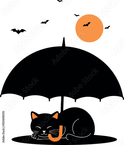 Black Cat Sleeping Under Umbrella Moonlit Night Bats Flying