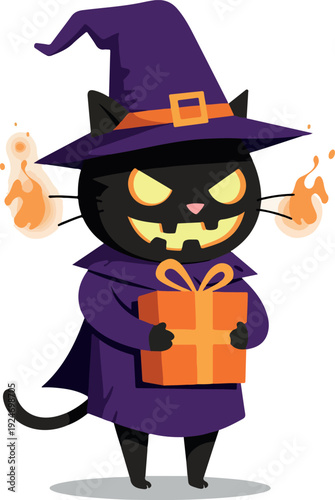 Black Cat Witch Holding Gift with Fiery Aura Purple Costume Halloween