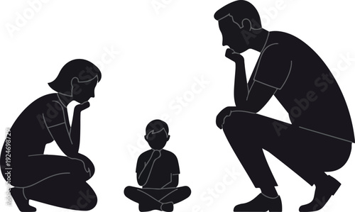 Black Silhouette Family Parents and Child Thinking Crouching Posing