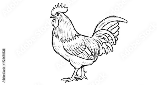Black and White Rooster Illustration Standing.