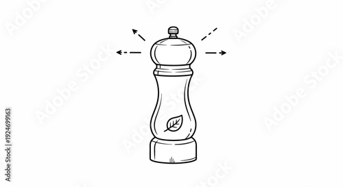 Hand-drawn illustration of a pepper mill with a leaf symbol, indicating natural seasoning.
