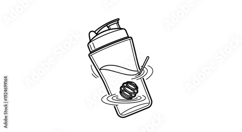 Hand-drawn illustration of a protein shaker bottle with a whisk ball and water, isolated on white background.