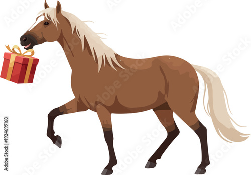 Brown Horse Holding Red Gift Box Festive Christmas Present