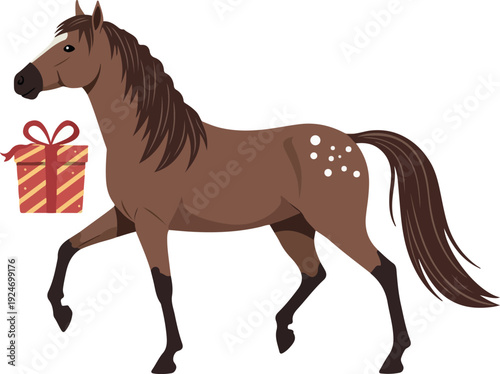 Brown Horse With Gift Box Simple Isolated Illustration