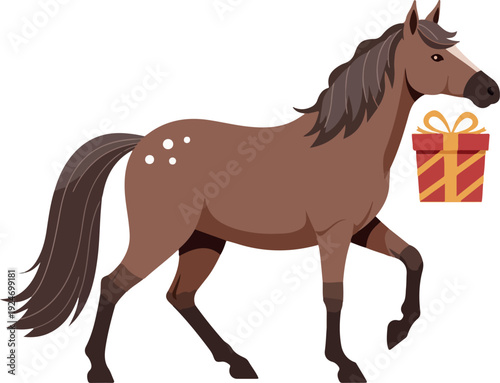 Brown Horse With Gift Box Minimal Vector Illustration Flat Design