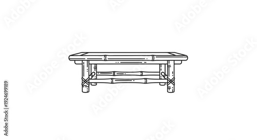 Hand-drawn illustration of a rustic bamboo coffee table, minimalist design