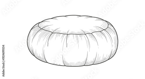 Hand-drawn sketch of a round, plush pouf or floor cushion, isolated on white.