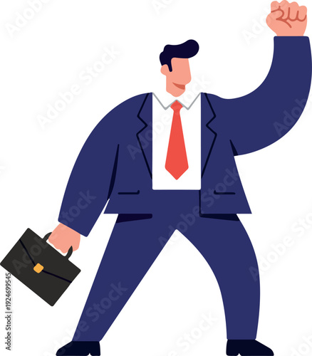 Business Man In Blue Suit With Red Tie Holding Briefcase Celebrating Success