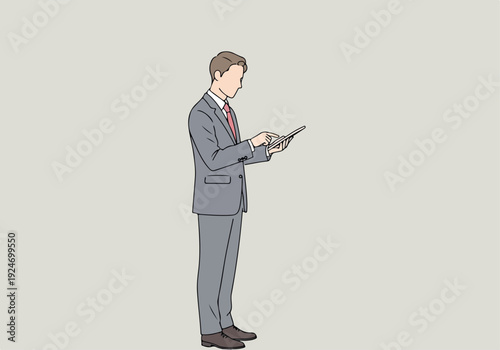 Business Man In Gray Suit Looking At Tablet On Light Gray Background