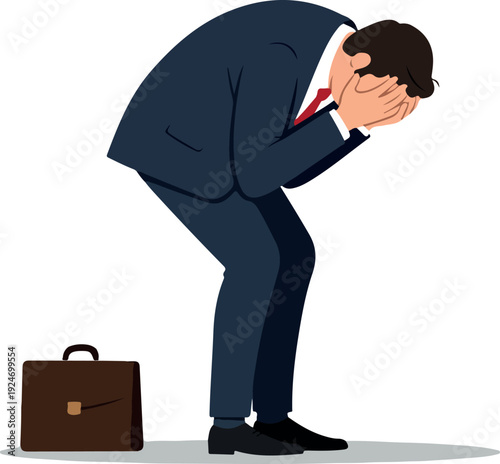 Business Man Blue Suit Red Tie Despair Hands On Face White Background