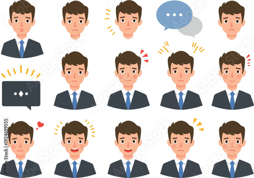 Business Man Emotions Icons Set With Speech Bubbles Blue Suit