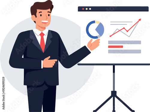 Business Man Presenting Financial Growth Charts On Whiteboard Flat Design Vector