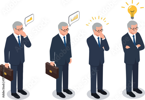 Business Man Thinking With Briefcase And Lightbulb Idea Isometric Flat Design