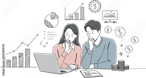 Business Meeting With Data Charts And Laptop Illustration