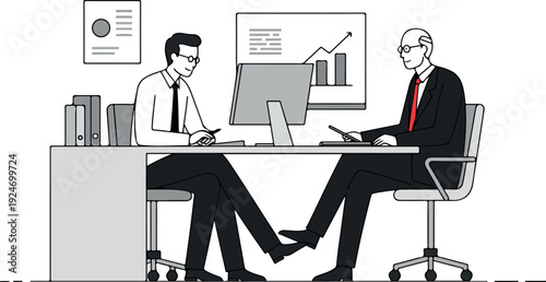 Business Meeting With Two Men In Suits Analyzing Charts On Computer