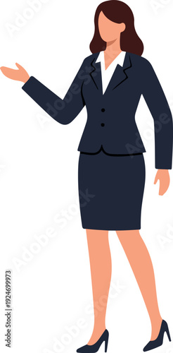 Business Woman In Navy Suit Presenting Ideas With Open Hand