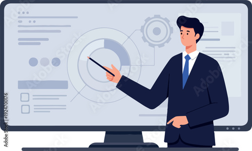 Businessman Presenting Data Analytics on Computer Screen Flat Illustration
