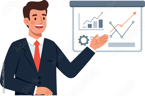 Businessman Presents Growing Chart on Whiteboard Flat Design