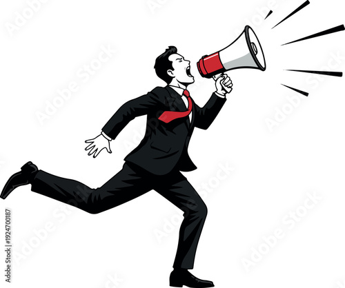Businessman Running Megaphone Announcement Loud Proclamation