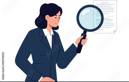 Businesswoman In Dark Suit Inspecting Document With Magnifying Glass
